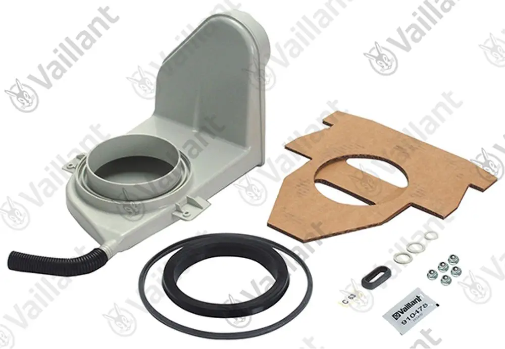 Vaillant Abgassammler mit Verbindungsschlauch, Dichtungen und Montagezubehör auf hellem Hintergrund. Teile sind in einem klaren Layout angeordnet.